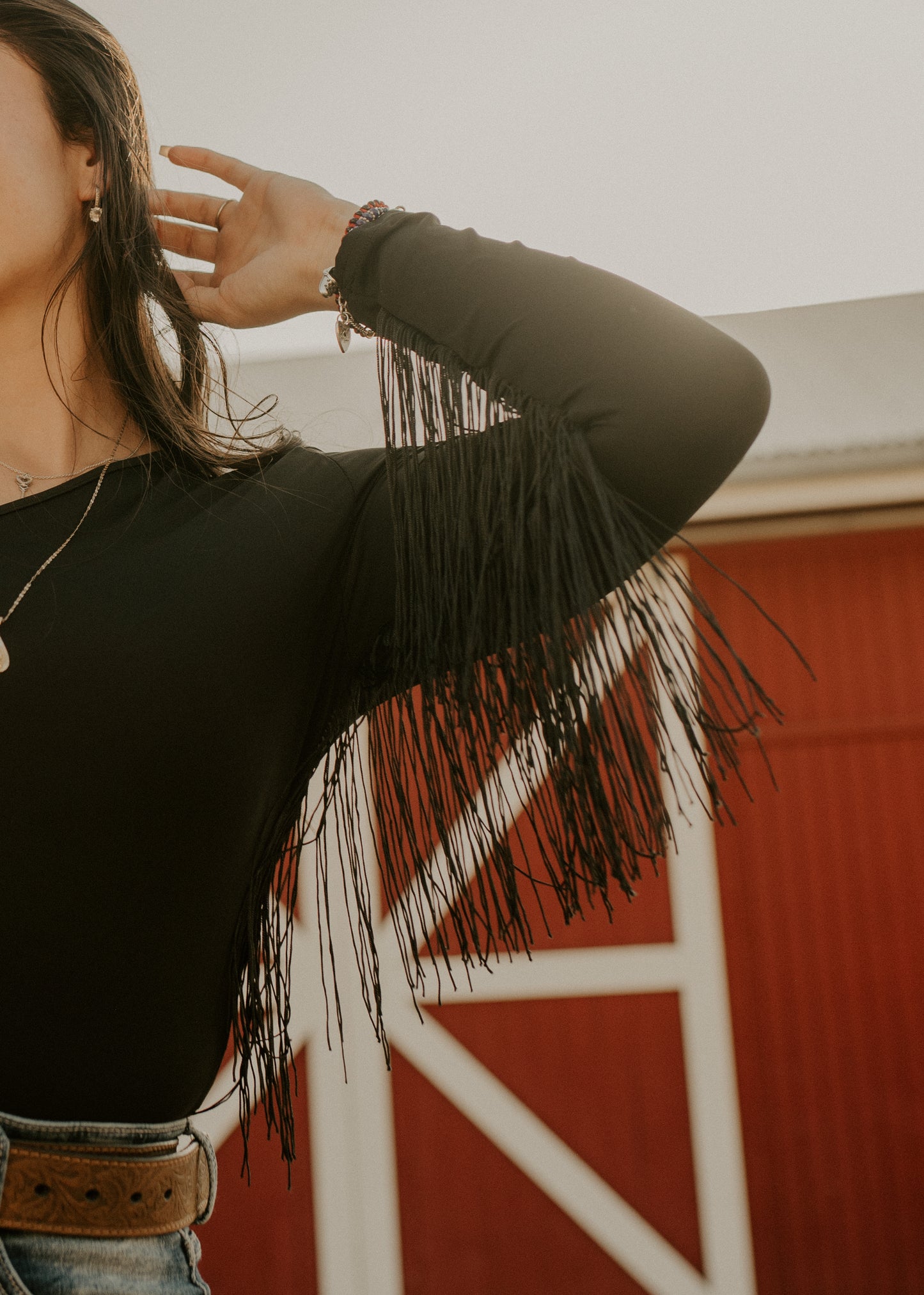 Black One Shoulder Fringed Long Sleeve Body suit